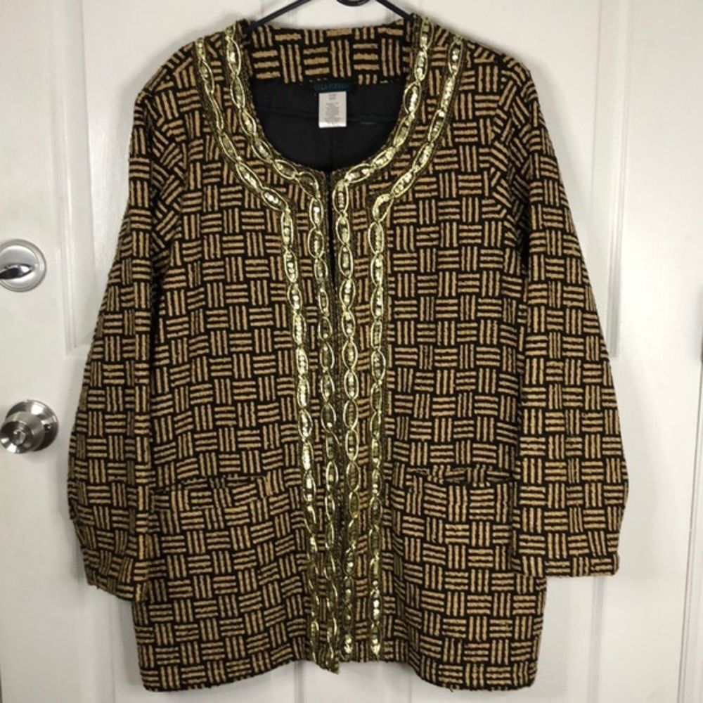 ULLA POPKEN Blazer size 20 / 22 relaxed fit tan black print gold sequins thick